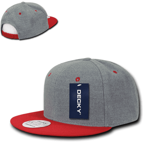A grey and red 6-panel high profile structured snapback cap with a logo on the front.