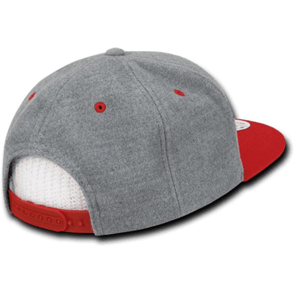 A grey and red high profile structured snapback cap featuring a mesh panel and a logo on the side.