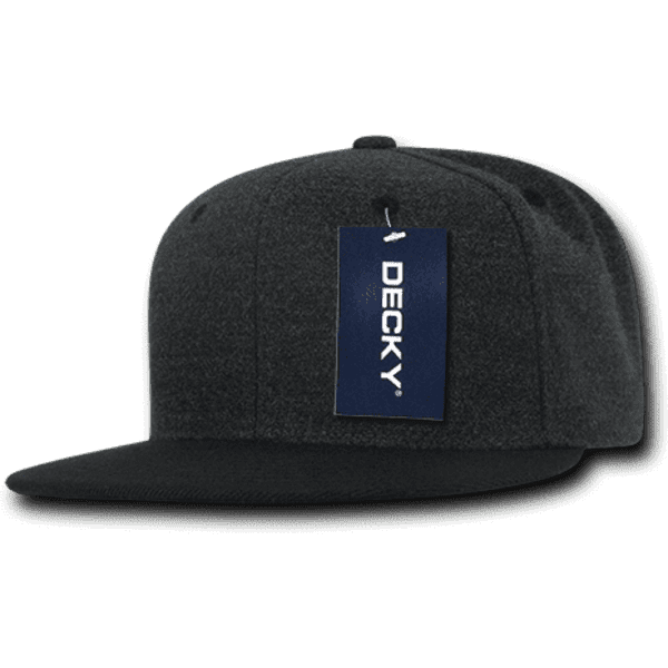 A high-profile structured snapback cap in dark grey, featuring a tag and a logo on the front.