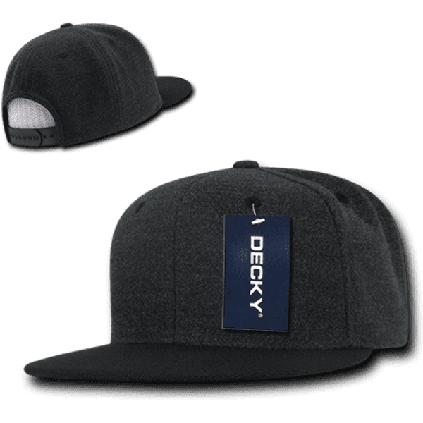 A high-profile structured snapback cap in dark grey with a black peak and a tag. Features a logo on the side.