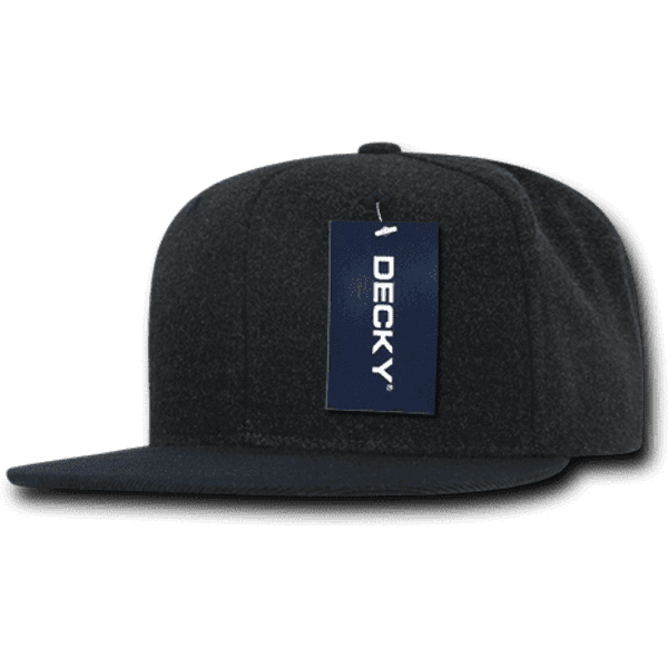 A dark grey melton snapback cap with a flat brim and a brand label attached.