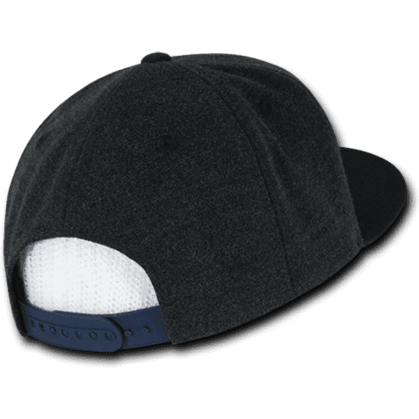 A structured snapback cap in black with a mesh back and blue adjustable strap, featuring a logo.