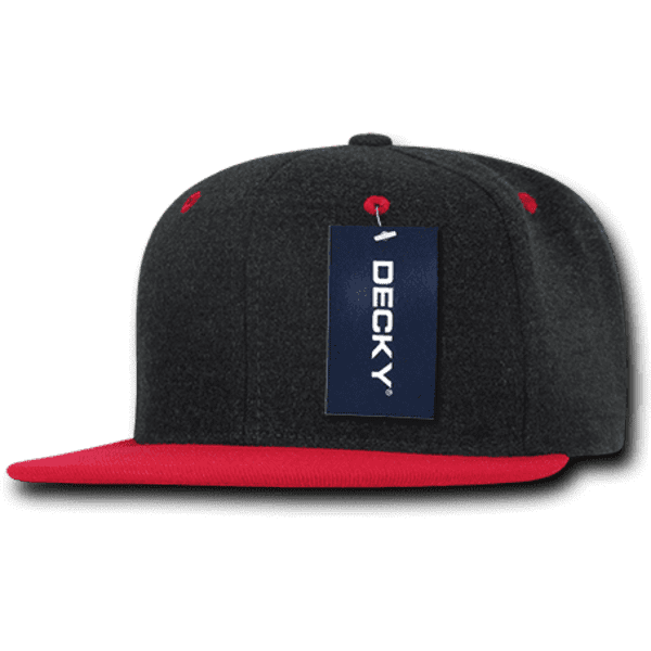 A black and red 6 panel high-profile snapback cap with a tag attached. It has a logo on the side.