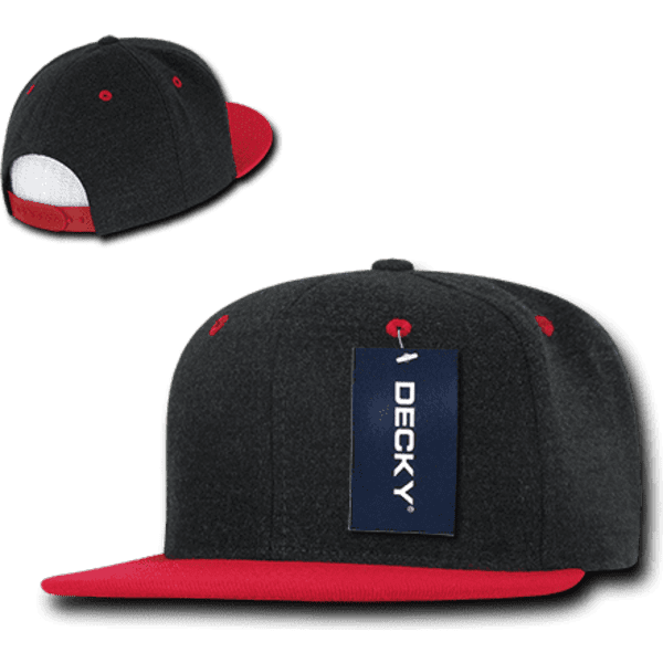 A black and red high-profile structured snapback cap with a tag and subtle logo.