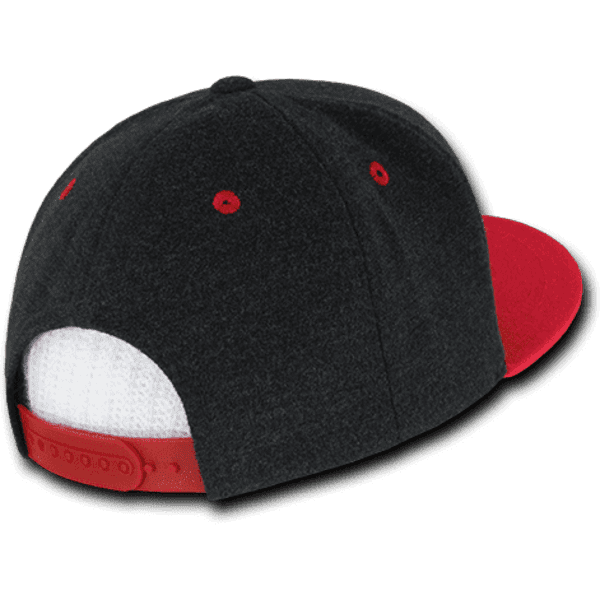 A structured snapback cap in grey and red, featuring a branded logo on the back and a mesh lining.