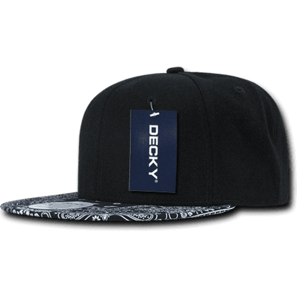 A black snapback cap with a patterned brim, featuring a tag and a logo on the side.