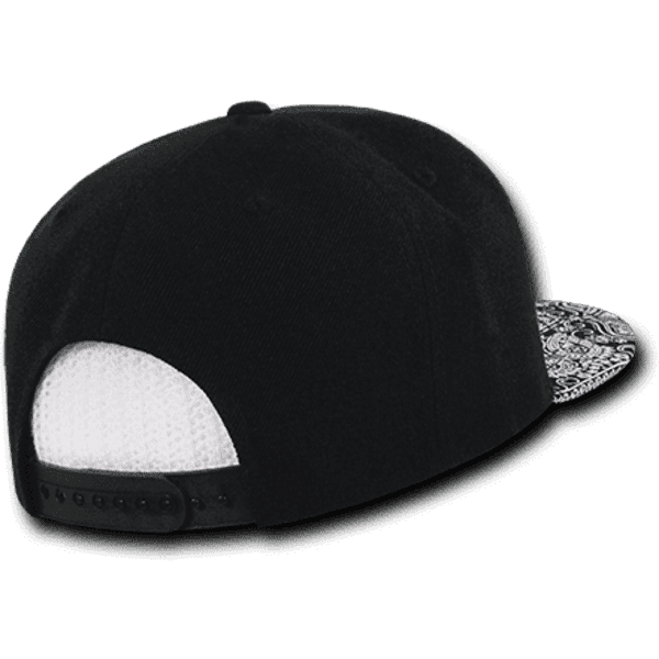 A black snapback hat featuring a patterned fabric on the front brim and a mesh back. There is a logo on the side.
