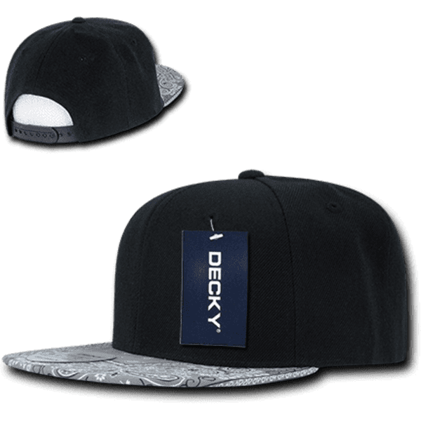 A black snapback cap with a patterned brim, featuring a logo and a tag attached.