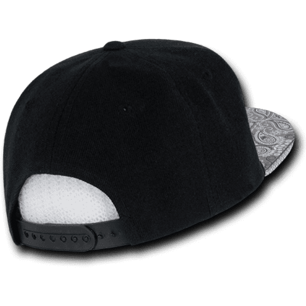 A black snapback cap with a patterned peak and an adjustable strap at the back. Features a logo.