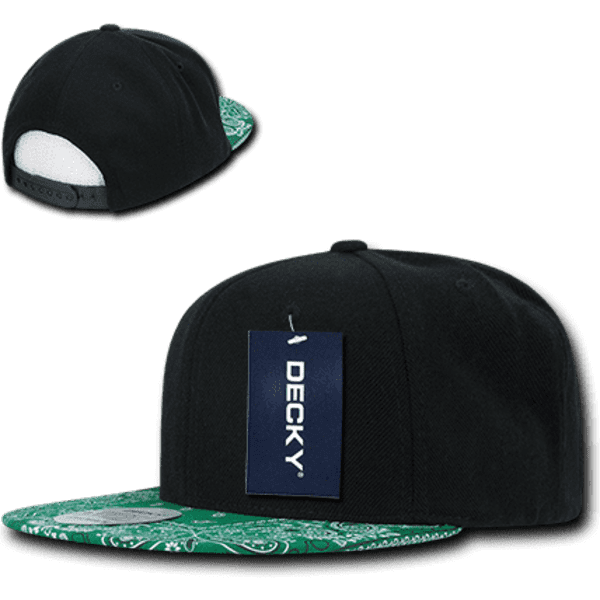 A black snapback cap featuring a green patterned brim and a logo tag on the front.