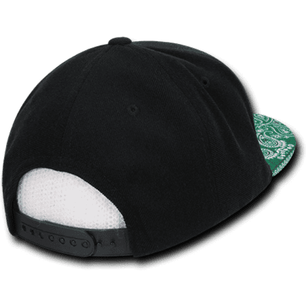 A black high-profile snapback cap with a green patterned bandanna front and an adjustable strap at the back.
