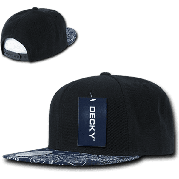 A high-profile structured snapback cap featuring a black body and a patterned blue bandanna brim, with a logo tag.