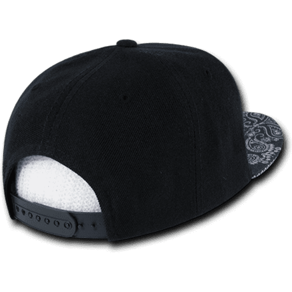 A black snapback cap featuring a patterned bandanna design on the underside of the visor. It has a structured profile and a logo.
