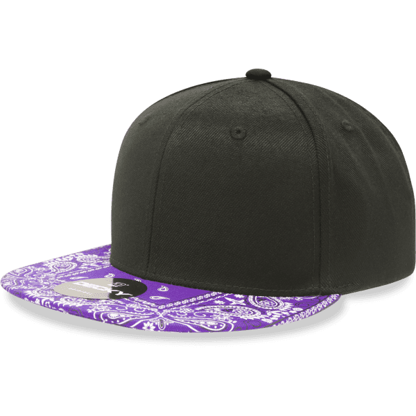 A black snapback cap with a purple bandanna-patterned peak and a logo on the side.