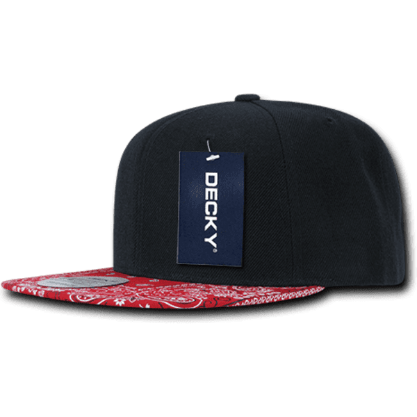 A black snapback cap with a red bandanna-patterned brim and a tag attached.
