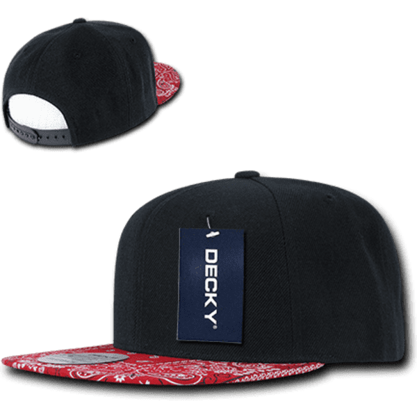 A black snapback cap with a structured high profile and a red bandanna-patterned brim. It includes a logo tag.
