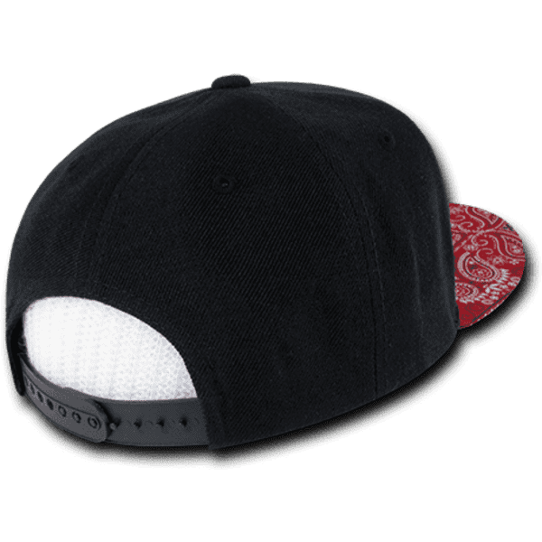 A black snapback hat with a red paisley patterned underside, featuring a structured, high-profile design and a logo.