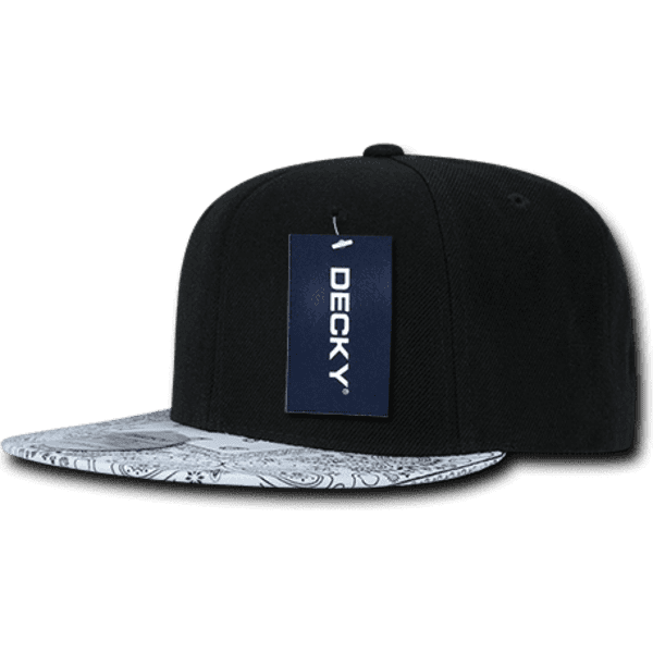 A black snapback cap with a patterned white brim, featuring a tag with branding.