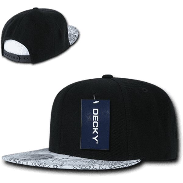 A black snapback cap featuring a patterned brim and an attached tag. The cap has a structured high profile design.