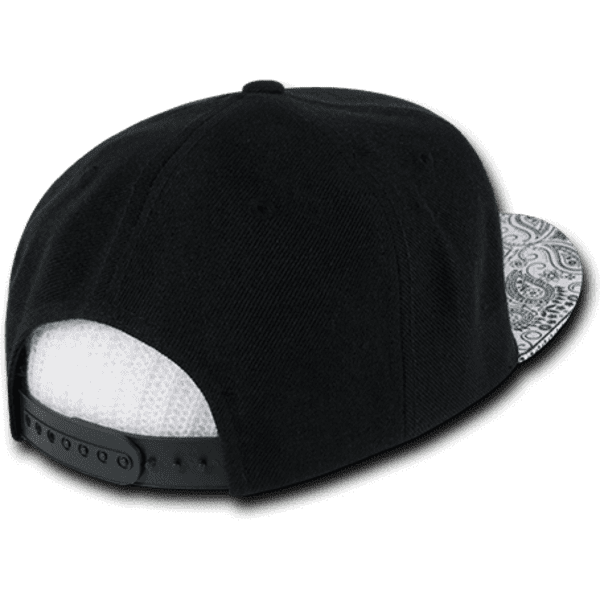 A black snapback cap with a patterned underside and an adjustable strap. Features a structured design and a logo.
