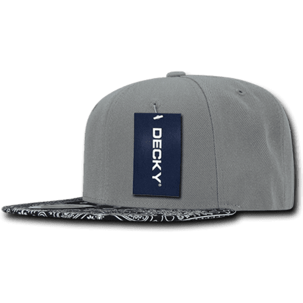A grey snapback cap with a patterned black and white brim and a brand tag attached.