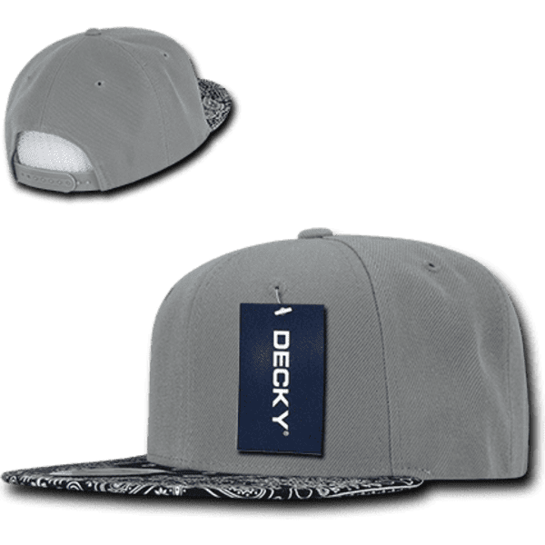A grey snapback cap featuring a structured design and a patterned brim, with a brand tag visible.