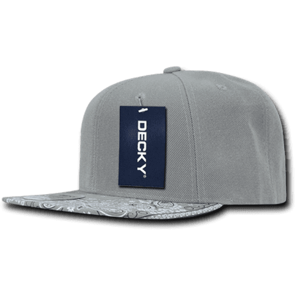 A grey snapback cap featuring a patterned bill and a logo tag attached.
