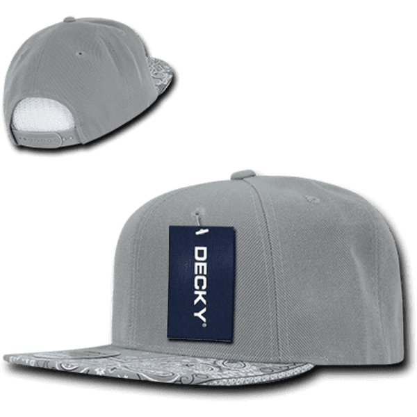 A grey high-profile structured snapback cap with a patterned visor and a logo. Includes a snap closure at the back.