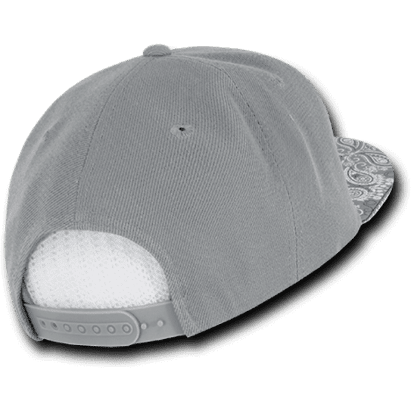 A grey high-profile snapback hat featuring a patterned bandanna print on the brim and a textured rear.