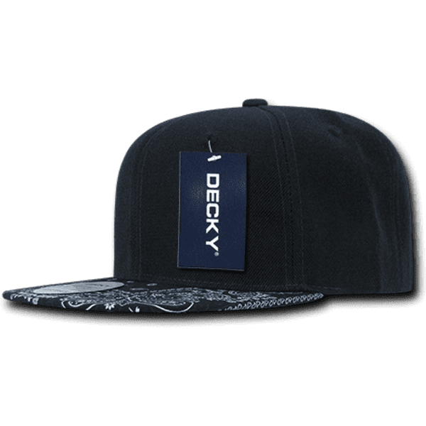 A black snapback cap featuring a patterned bill and a branding tag attached.