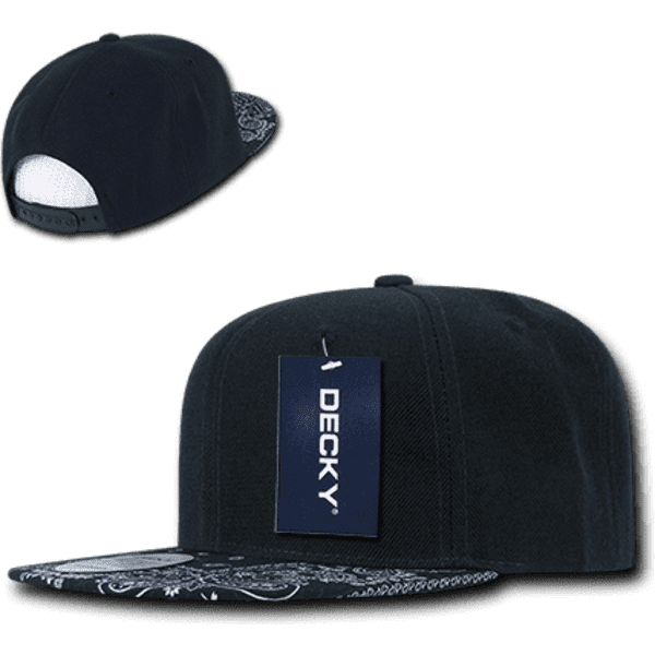 A black snapback cap with a patterned brim and a logo. Features a structured high profile and adjustment snap.