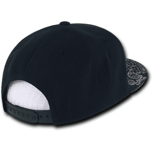 A black snapback cap with a high-profile structure and patterned brim, featuring a logo on the side.