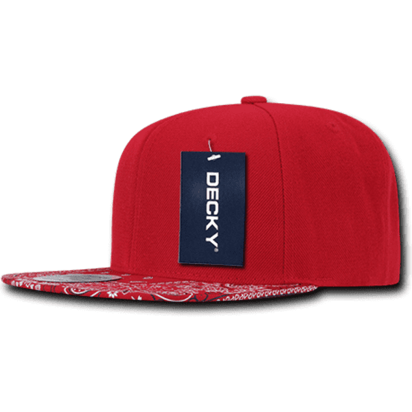 A red snapback cap featuring a patterned bill and a logo tag attached.