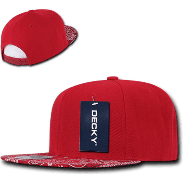 A red snapback cap featuring a patterned brim and a logo. The hat has a structured high profile design.