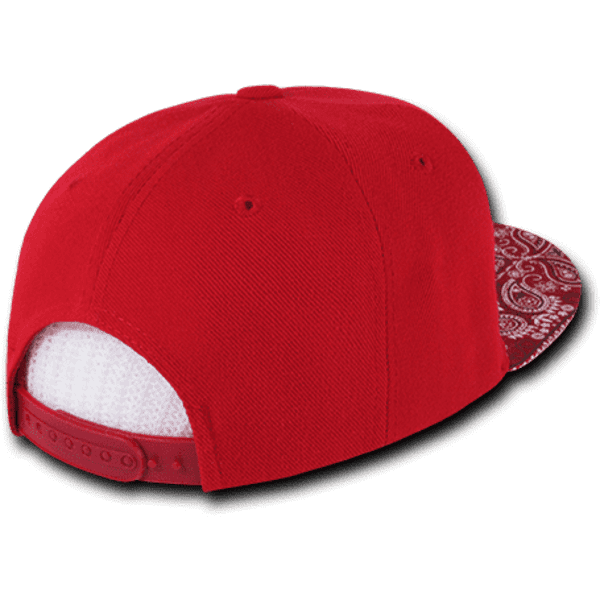 A red snapback hat with a high-profile structure and bandanna print on the brim, featuring a logo.