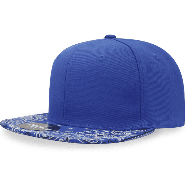 A blue snapback cap featuring a patterned brim, structured six-panel design, and a logo.