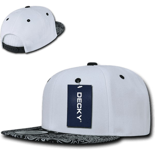 A white 6 panel high profile structured snapback cap with a patterned black bill and a logo tag.