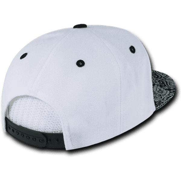 A white high-profile structured snapback cap featuring a patterned black bandanna design on the underside and a black snap closure.