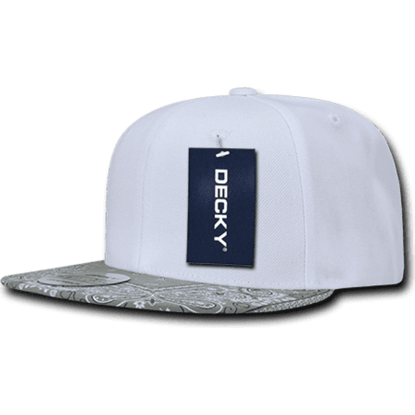 A white snapback cap featuring an intricate patterned bill and a logo tag attached.