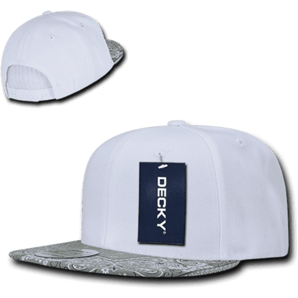 A white snapback hat with a patterned grey brim, featuring a logo. It has a structured six-panel design.
