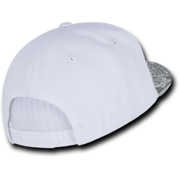 A white snapback cap with a patterned underside, featuring a structured design and adjustable snap closure at the back.