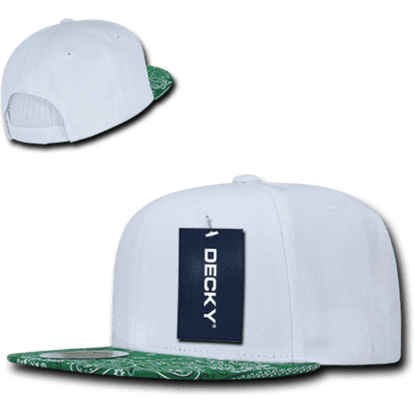 A white snapback cap with a green patterned brim and a tag. The back features a mesh panel for ventilation.