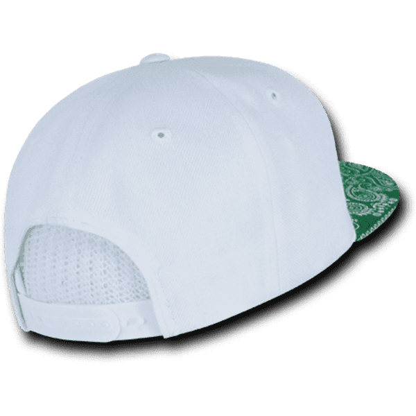 A white snapback cap with a green bandanna-patterned brim and mesh detailing at the back.
