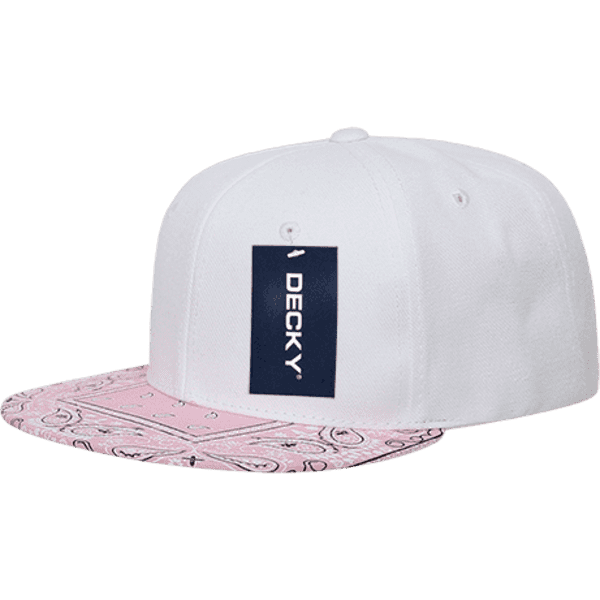 A white snapback cap with a pink patterned bill and a logo tag attached.