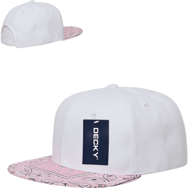 A white snapback cap with a patterned pink brim and a logo on the side.