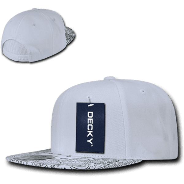 A white snapback cap with a patterned brim and a logo. The cap has a structured design and is high profile.