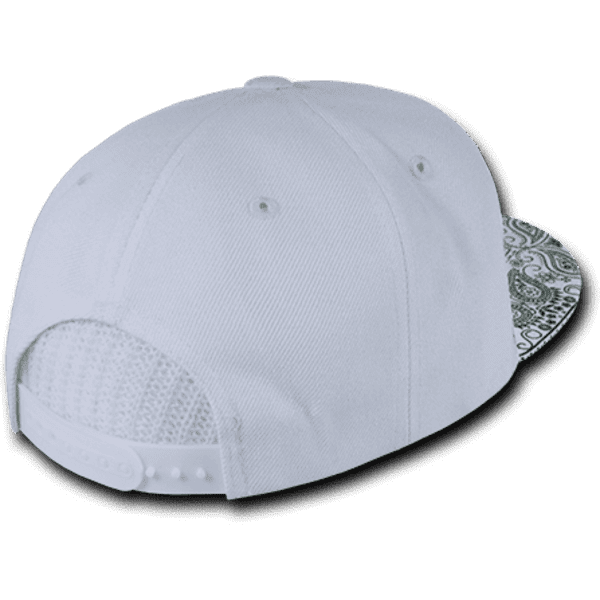 A white snapback cap featuring a patterned underside. It has a structured high profile and a branded logo.