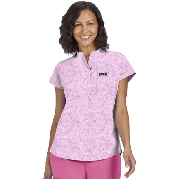 A pink floral short-sleeved top with a collar, featuring a small pocket and a logo on the front.