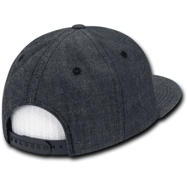 A grey snapback cap with a structured high profile and mesh back, featuring a black adjustable strap.