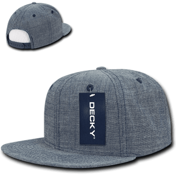 A grey snapback cap with a structured six-panel design and a logo tag. It features a flat brim and adjustable snap closure.